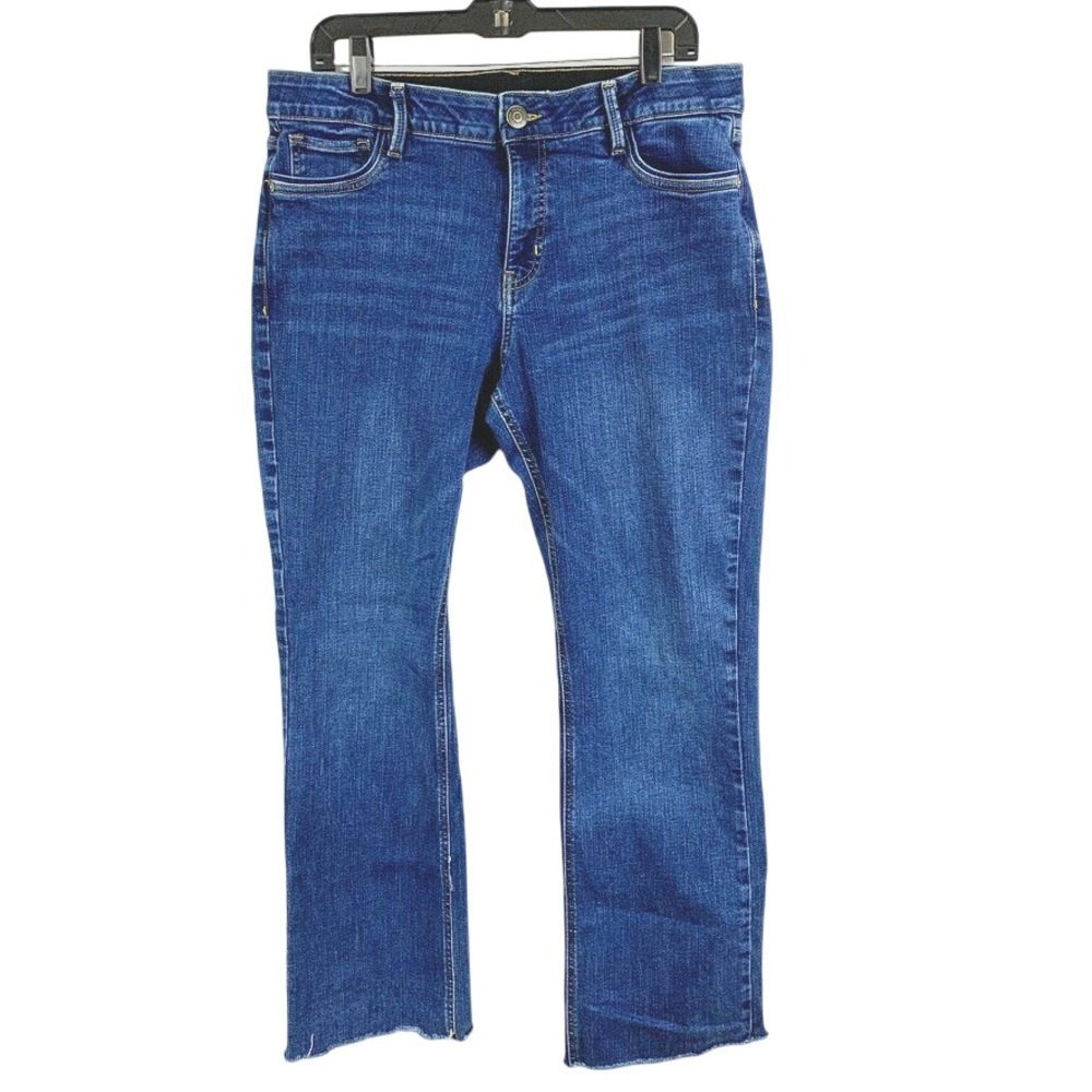 Liz Claiborne Sara Bootcut Jeans Womens 12 Mid Rise Raw Hem Blue Denim Stretch